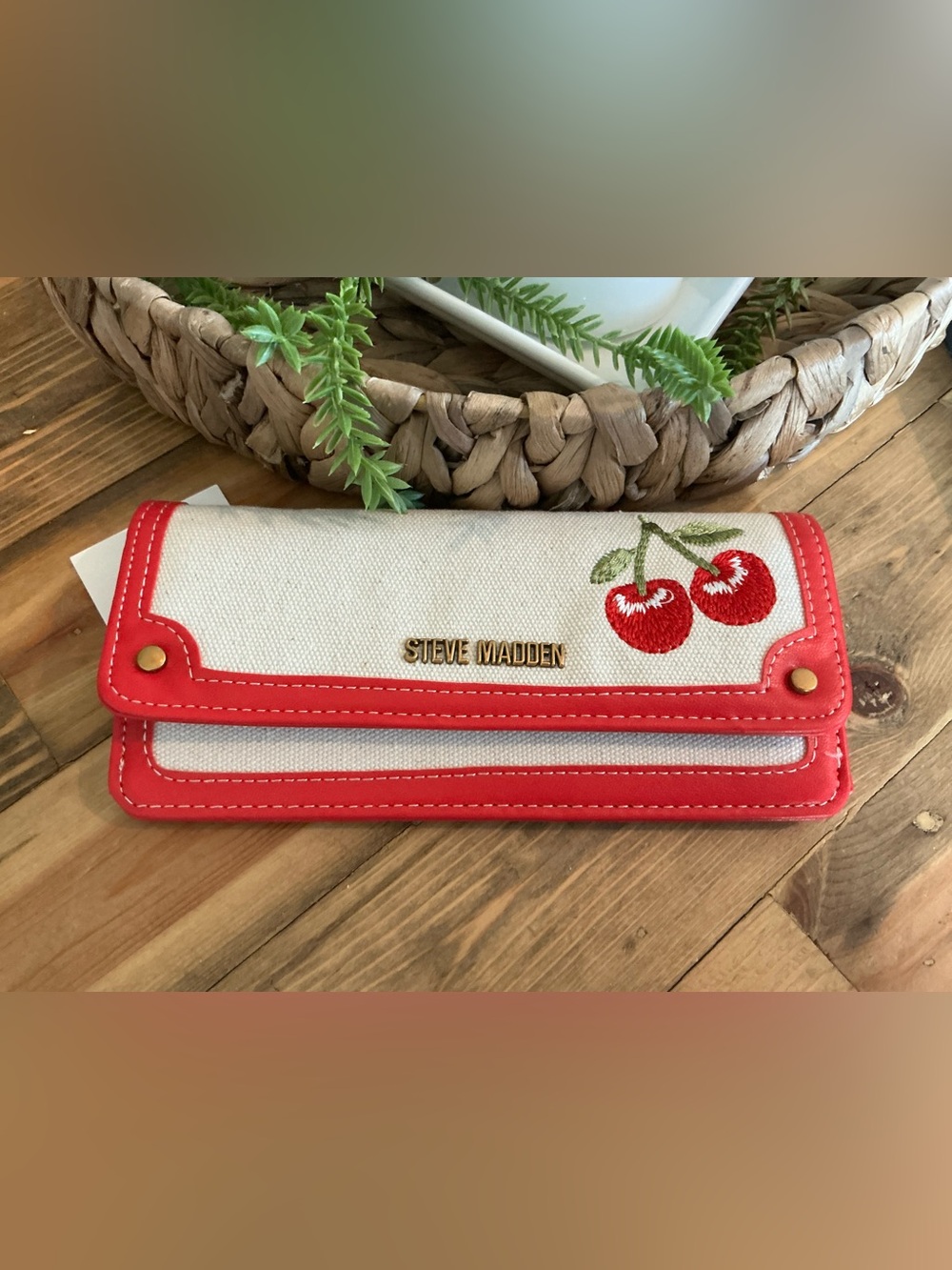 Steve Madden Cream Canvas wallet with Red Cherry Accent